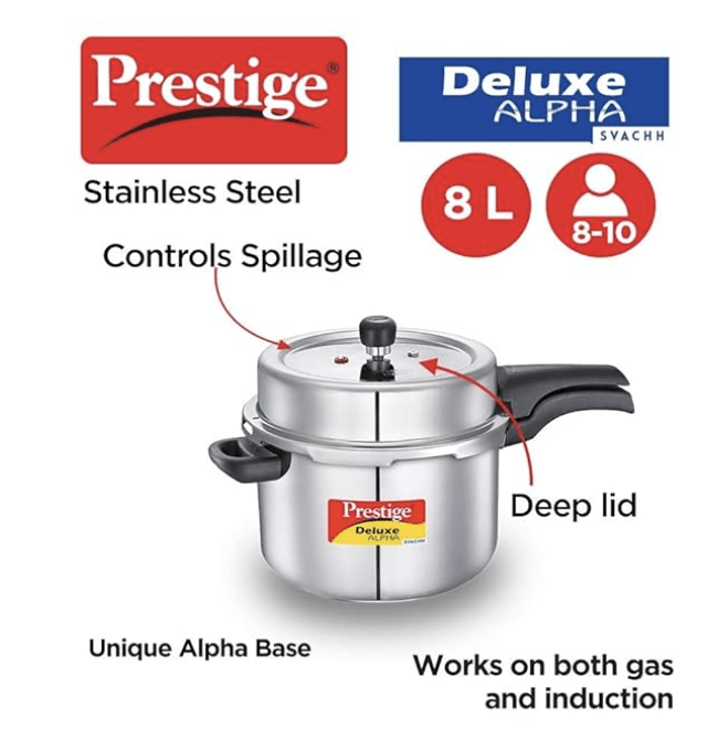 Prestige 8 Litres Svachh Deluxe Alpha Induction Base Outer Lid Stainless Steel Pressure Cooker | Deep Lid controls spillage| Silver | Straight Wall | Pressure Indicator | Gasket-release system