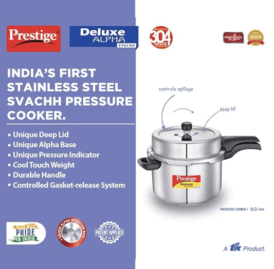 Prestige 8 Litres Svachh Deluxe Alpha Induction Base Outer Lid Stainless Steel Pressure Cooker | Deep Lid controls spillage| Silver | Straight Wall | Pressure Indicator | Gasket-release system