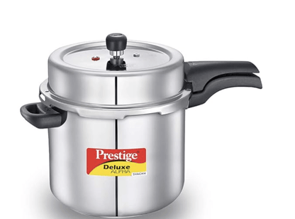 Prestige 10 Litres Svachh Deluxe Alpha Induction Base Outer Lid Stainless Steel Pressure Cooker | Deep lid controls spillage | Silver | Pressure Indicator | Controlled Gasket-release system