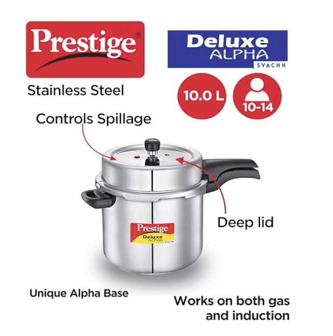 Prestige 10 Litres Svachh Deluxe Alpha Induction Base Outer Lid Stainless Steel Pressure Cooker | Deep lid controls spillage | Silver | Pressure Indicator | Controlled Gasket-release system