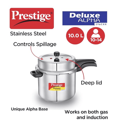 Prestige 10 Litres Svachh Deluxe Alpha Induction Base Outer Lid Stainless Steel Pressure Cooker | Deep lid controls spillage | Silver | Pressure Indicator | Controlled Gasket-release system