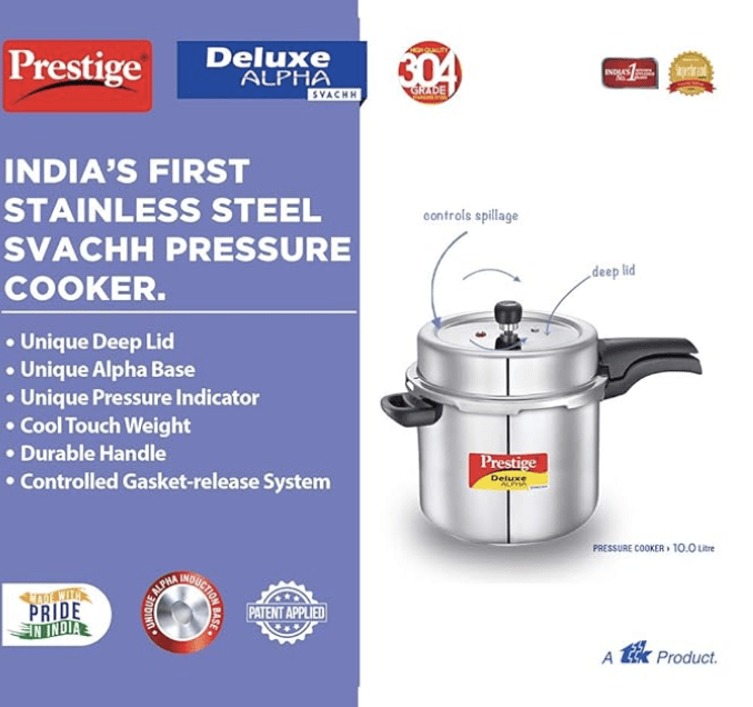 Prestige 10 Litres Svachh Deluxe Alpha Induction Base Outer Lid Stainless Steel Pressure Cooker | Deep lid controls spillage | Silver | Pressure Indicator | Controlled Gasket-release system