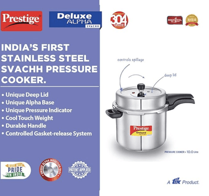Prestige 10 Litres Svachh Deluxe Alpha Induction Base Outer Lid Stainless Steel Pressure Cooker | Deep lid controls spillage | Silver | Pressure Indicator | Controlled Gasket-release system