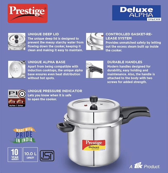 Prestige 10 Litres Svachh Deluxe Alpha Induction Base Outer Lid Stainless Steel Pressure Cooker | Deep lid controls spillage | Silver | Pressure Indicator | Controlled Gasket-release system