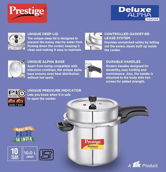 Prestige 10 Litres Svachh Deluxe Alpha Induction Base Outer Lid Stainless Steel Pressure Cooker | Deep lid controls spillage | Silver | Pressure Indicator | Controlled Gasket-release system