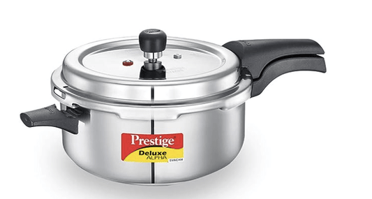 Prestige 5L Deluxe Alpha Svachh stainless steel Pressure Cooker|Outer lid|Ideal for 5-7 persons|Deep lid for spillage control|Gas & induction compatible|Silver