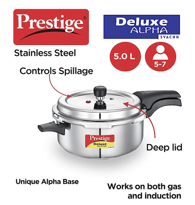 Prestige 5L Deluxe Alpha Svachh stainless steel Pressure Cooker|Outer lid|Ideal for 5-7 persons|Deep lid for spillage control|Gas & induction compatible|Silver