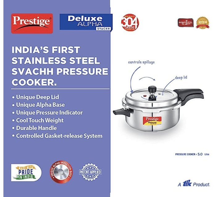 Prestige 5L Deluxe Alpha Svachh stainless steel Pressure Cooker|Outer lid|Ideal for 5-7 persons|Deep lid for spillage control|Gas & induction compatible|Silver