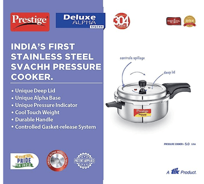 Prestige 5L Deluxe Alpha Svachh stainless steel Pressure Cooker|Outer lid|Ideal for 5-7 persons|Deep lid for spillage control|Gas & induction compatible|Silver