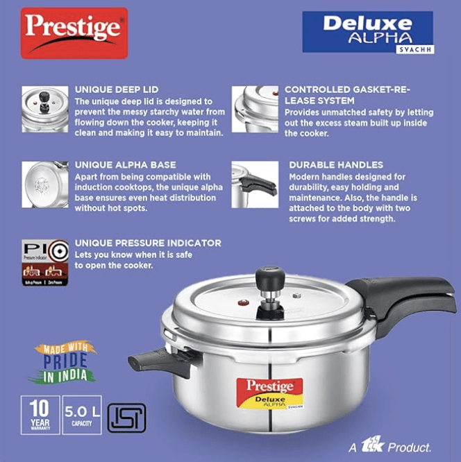 Prestige 5L Deluxe Alpha Svachh stainless steel Pressure Cooker|Outer lid|Ideal for 5-7 persons|Deep lid for spillage control|Gas & induction compatible|Silver