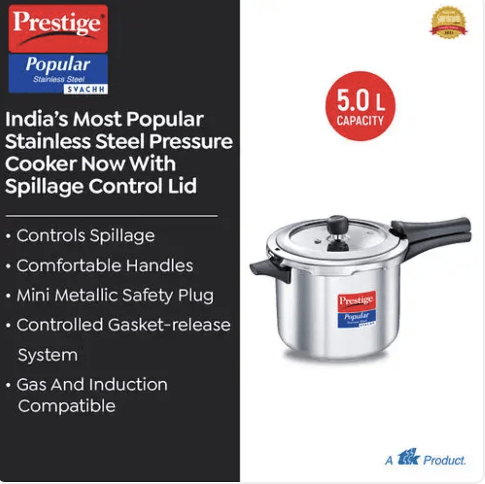 Prestige Popular Svachh Spillage Control Stainless Steel Pressure Cooker, 5 L (Silver)