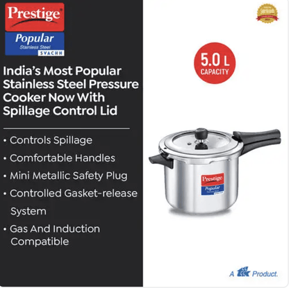Prestige Popular Svachh Spillage Control Stainless Steel Pressure Cooker, 5 L (Silver)
