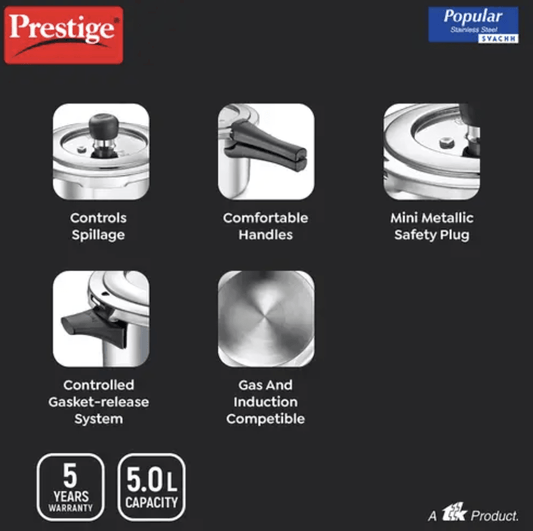 Prestige Popular Svachh Spillage Control Stainless Steel Pressure Cooker, 5 L (Silver)