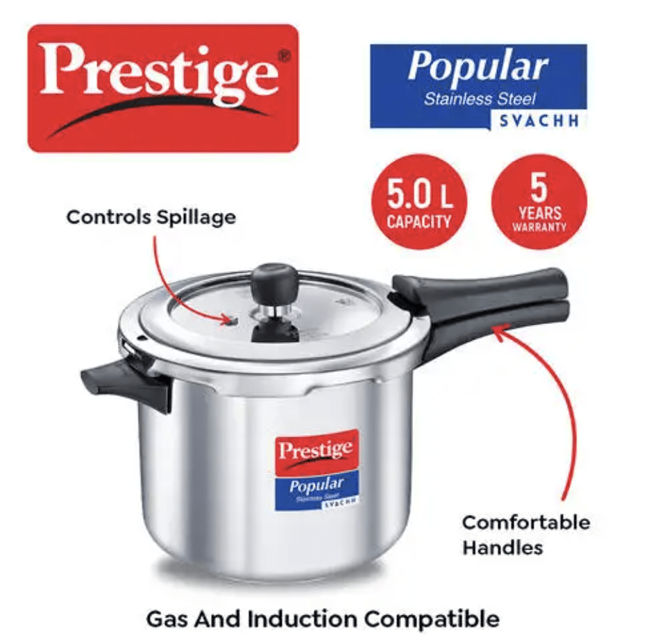 Prestige Popular Svachh Spillage Control Stainless Steel Pressure Cooker, 5 L (Silver)