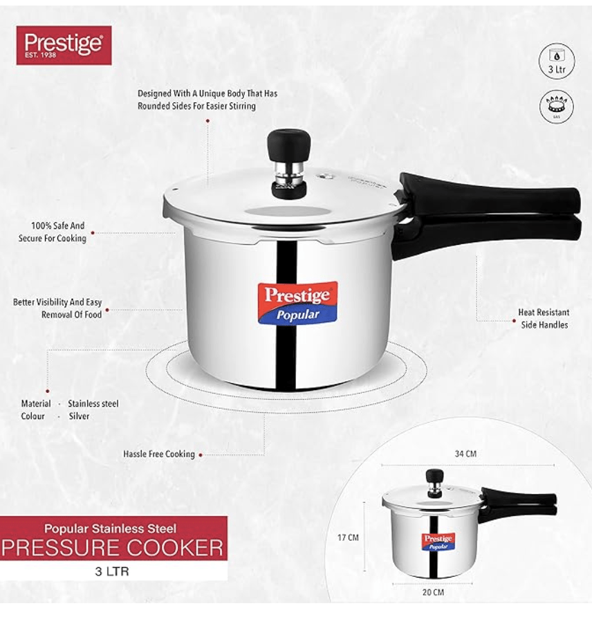 Prestige Popular Stainless Steel Outer Lid Pressure Cooker, 3 Litres, Silver