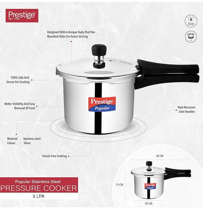 Prestige Popular Stainless Steel Outer Lid Pressure Cooker, 3 Litres, Silver