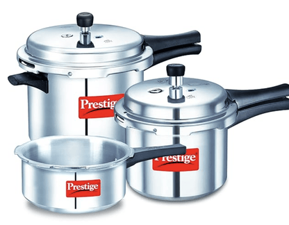 Prestige 2L+3L+5 L Popular Max outer lid Aluminium combo Pressure Cooker with polished finish|Deep lid controls spillage|Induction based|Straight wall|Pressure Indicator | Gasket-release system|Silver