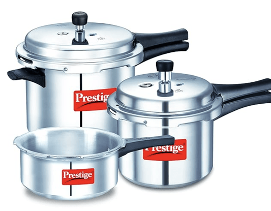 Prestige 2L+3L+5 L Popular Max outer lid Aluminium combo Pressure Cooker with polished finish|Deep lid controls spillage|Induction based|Straight wall|Pressure Indicator | Gasket-release system|Silver
