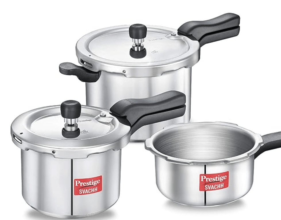 Prestige 2L+3L+5 Litres Svachh outer lid Aluminium combo Pressure Cooker|5 years warranty|Deep lid controls spillage|Induction based|Straight wall|Pressure Indicator | Gasket-release system|Silver
