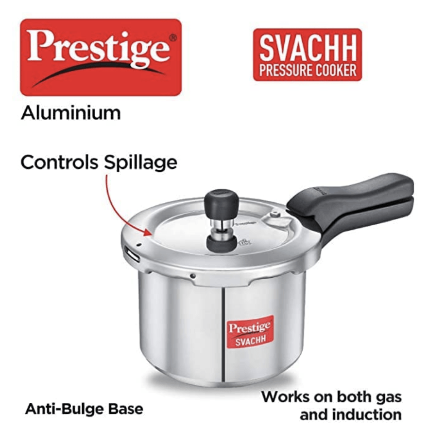 Prestige 2L+3L+5 Litres Svachh outer lid Aluminium combo Pressure Cooker|5 years warranty|Deep lid controls spillage|Induction based|Straight wall|Pressure Indicator | Gasket-release system|Silver