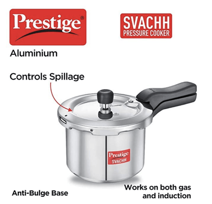 Prestige 2L+3L+5 Litres Svachh outer lid Aluminium combo Pressure Cooker|5 years warranty|Deep lid controls spillage|Induction based|Straight wall|Pressure Indicator | Gasket-release system|Silver