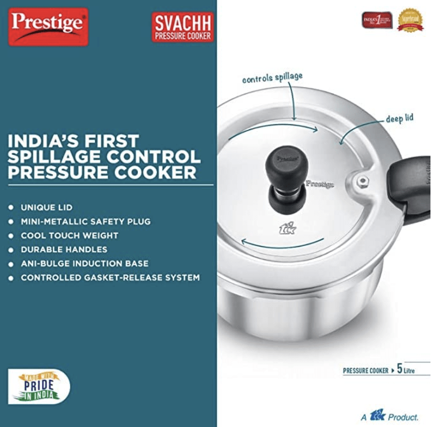 Prestige 2L+3L+5 Litres Svachh outer lid Aluminium combo Pressure Cooker|5 years warranty|Deep lid controls spillage|Induction based|Straight wall|Pressure Indicator | Gasket-release system|Silver