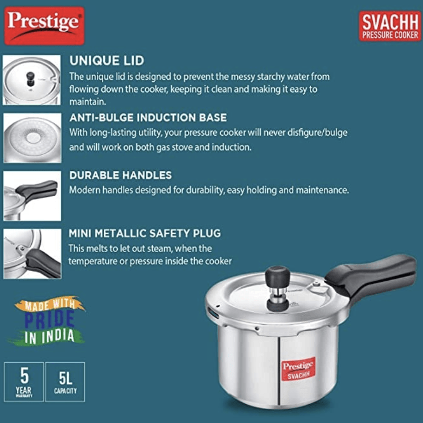 Prestige 2L+3L+5 Litres Svachh outer lid Aluminium combo Pressure Cooker|5 years warranty|Deep lid controls spillage|Induction based|Straight wall|Pressure Indicator | Gasket-release system|Silver