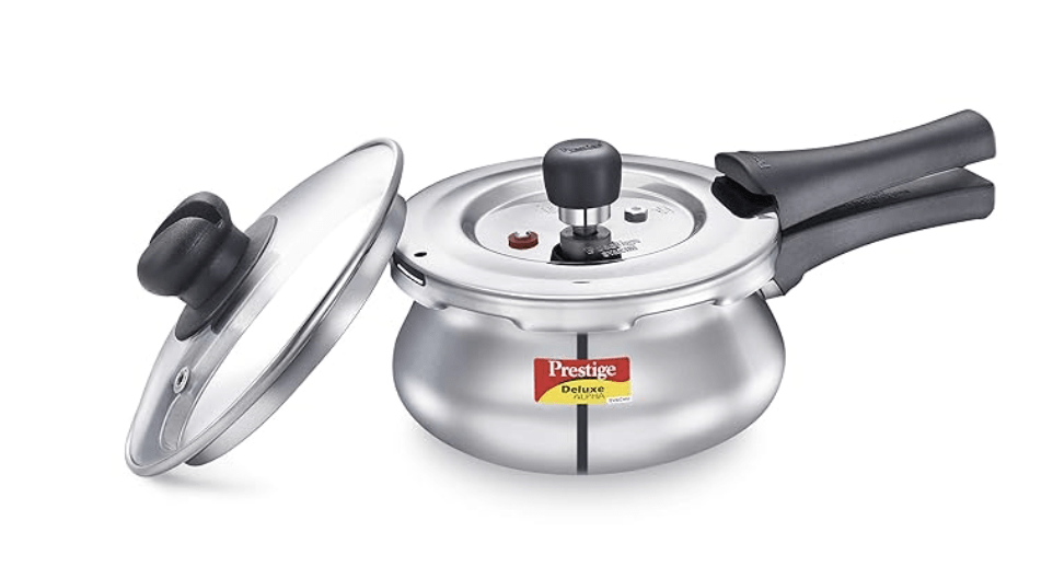 Prestige Deluxe Alpha Svachh Stainless Steel Outer Lid Pressure Cooker 1.5L with Glass Lid (With Deep Lid For Spillage Control)
