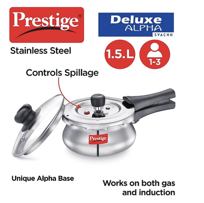 Prestige Deluxe Alpha Svachh Stainless Steel Outer Lid Pressure Cooker 1.5L with Glass Lid (With Deep Lid For Spillage Control)