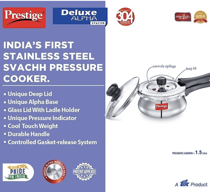 Prestige Deluxe Alpha Svachh Stainless Steel Outer Lid Pressure Cooker 1.5L with Glass Lid (With Deep Lid For Spillage Control)