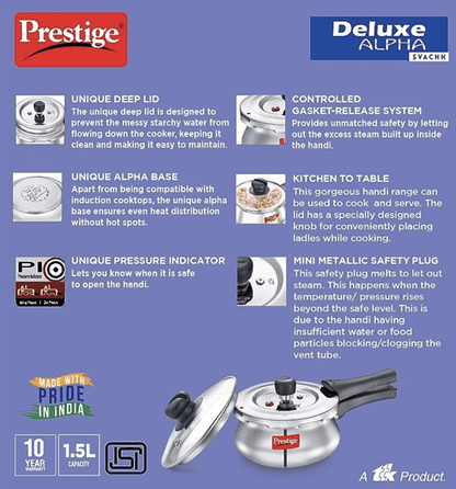 Prestige Deluxe Alpha Svachh Stainless Steel Outer Lid Pressure Cooker 1.5L with Glass Lid (With Deep Lid For Spillage Control)