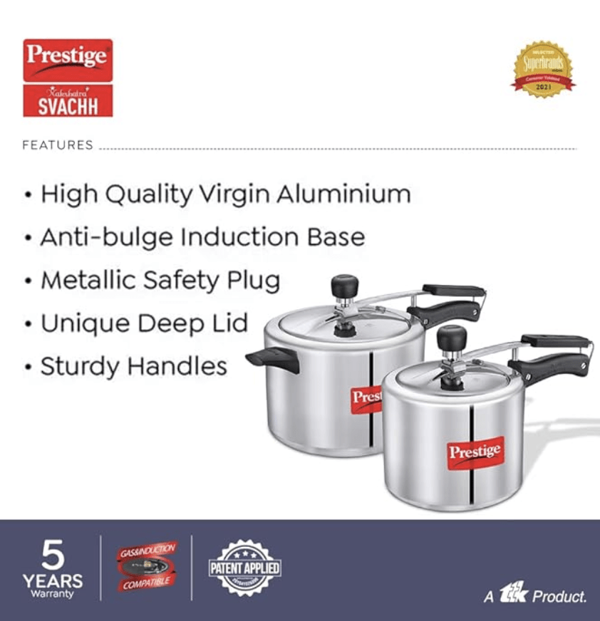 Prestige 3L+2 Litres Nakshatra Plus Inner Lid Aluminium combo Pressure Cooker|Gas & Induction compatible |5 Years warranty|Silver|2 Lids