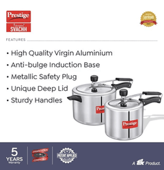 Prestige 3L+2 Litres Nakshatra Plus Inner Lid Aluminium combo Pressure Cooker|Gas & Induction compatible |5 Years warranty|Silver|2 Lids-3
