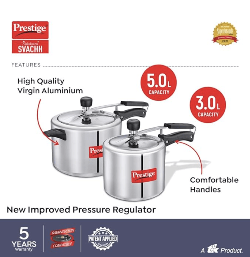 Prestige 3L+2 Litres Nakshatra Plus Inner Lid Aluminium combo Pressure Cooker|Gas & Induction compatible |5 Years warranty|Silver|2 Lids-4