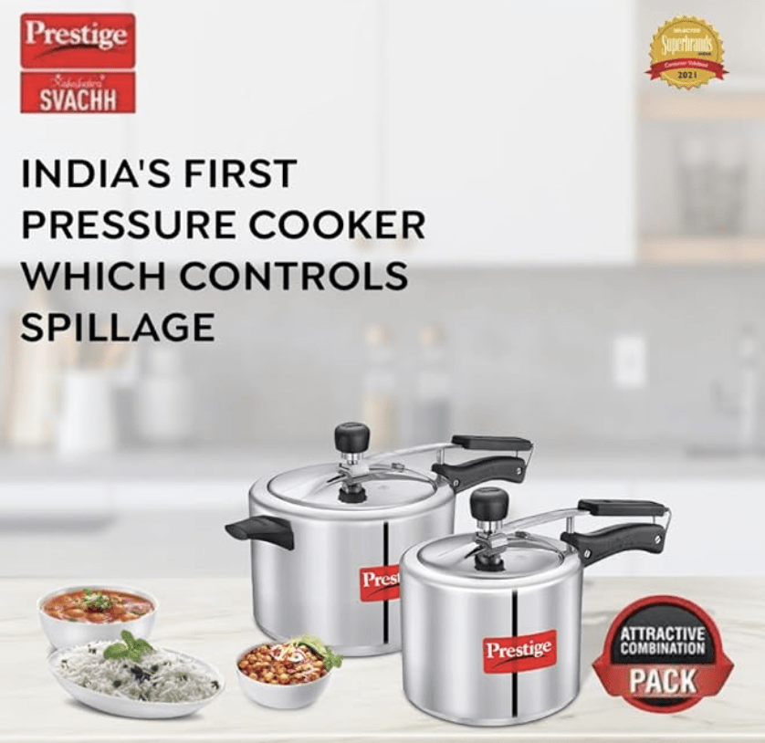Prestige 3L+2 Litres Nakshatra Plus Inner Lid Aluminium combo Pressure Cooker|Gas & Induction compatible |5 Years warranty|Silver|2 Lids