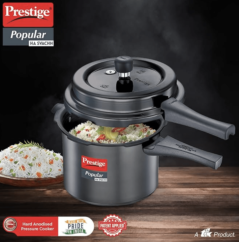 Prestige Popular Svachh Hard Anodised Outer Lid Pressure Cooker (5.0 L, Black, Deep Lid-Controls Spillage), 5 Liter