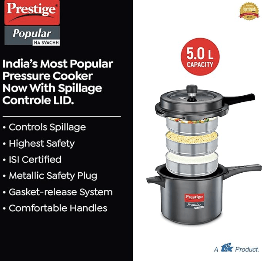 Prestige Popular Svachh Hard Anodised Outer Lid Pressure Cooker (5.0 L, Black, Deep Lid-Controls Spillage), 5 Liter