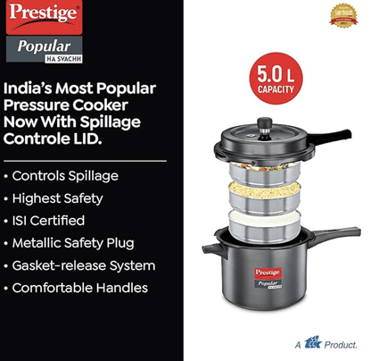 Prestige Popular Svachh Hard Anodised Outer Lid Pressure Cooker (5.0 L, Black, Deep Lid-Controls Spillage), 5 Liter
