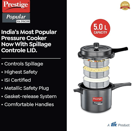 Prestige Popular Svachh Hard Anodised Outer Lid Pressure Cooker (5.0 L, Black, Deep Lid-Controls Spillage), 5 Liter
