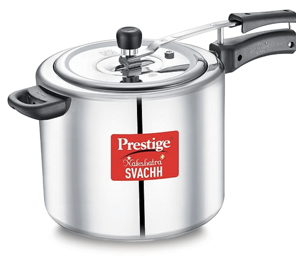 Prestige Nakshatra Plus Svachh Aluminium Inner Lid Pressure Cooker with Unique Deep Lid for Spillage Control, 10 Litre, Silver