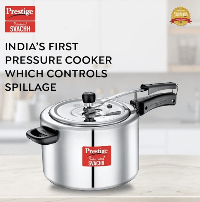 Prestige Nakshatra Plus Svachh Aluminium Inner Lid Pressure Cooker with Unique Deep Lid for Spillage Control, 10 Litre, Silver