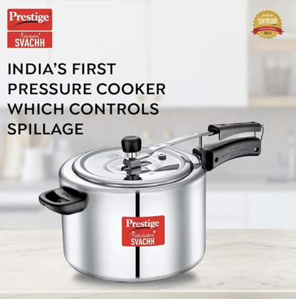 Prestige Nakshatra Plus Svachh Aluminium Inner Lid Pressure Cooker with Unique Deep Lid for Spillage Control, 10 Litre, Silver
