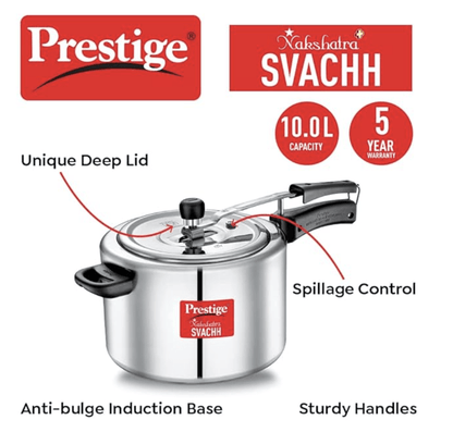 Prestige Nakshatra Plus Svachh Aluminium Inner Lid Pressure Cooker with Unique Deep Lid for Spillage Control, 10 Litre, Silver