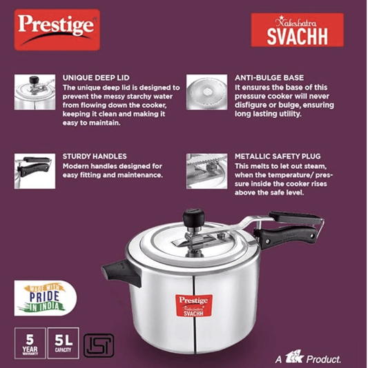 Prestige Nakshatra Plus Svachh Aluminium Straight Wall Inner Lid Pressure Cooker - Silver, 5 L, 5 Liter