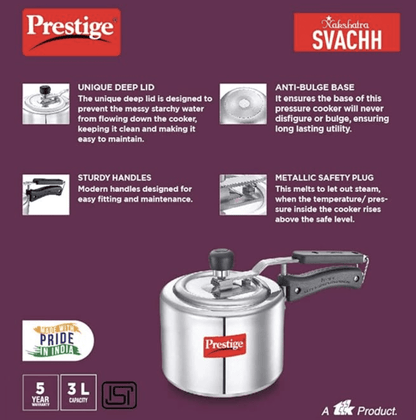Prestige Nakshatra Plus Svachh 3 litre Aluminium Straight wall Inner Lid Pressure Cooker (Silver)