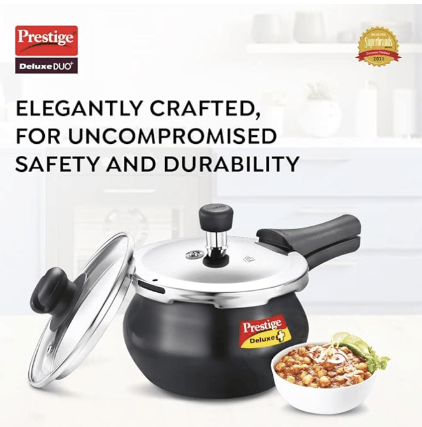 Prestige Deluxe Duo Plus Hard Anodised Outer Lid Handi Pressure Cooker With Stainless Steel Lid 3.0 Liters and Glass lid