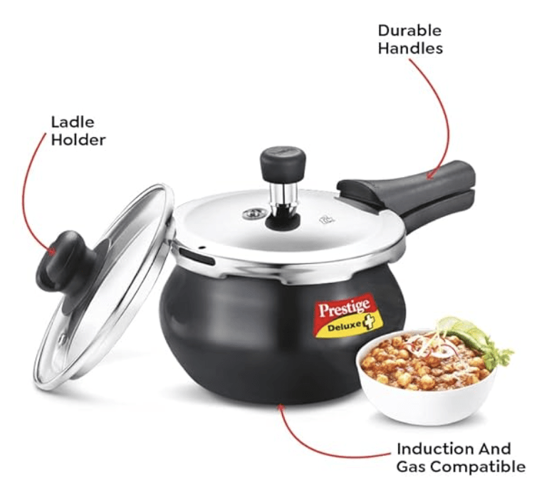 Prestige Deluxe Duo Plus Hard Anodised Outer Lid Handi Pressure Cooker With Stainless Steel Lid 3.0 Liters and Glass lid