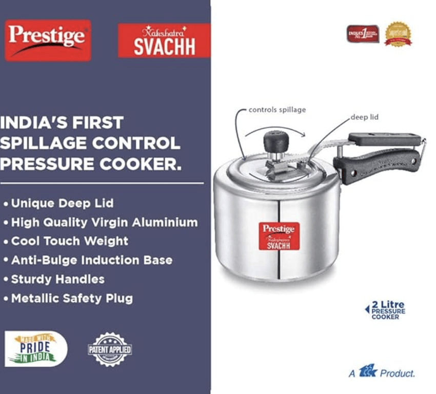 Prestige Svachh, 10732, 2 L, Straight Wall Aluminium Inner Lid Pressure Cooker, with deep lid for Spillage Control, Silver