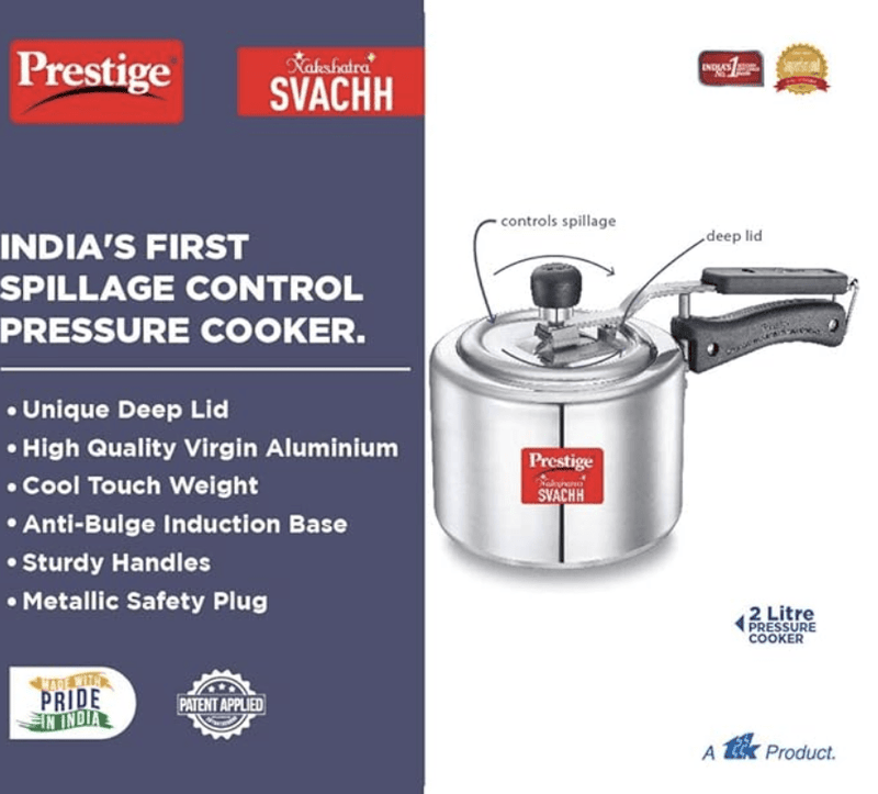 Prestige Svachh, 10732, 2 L, Straight Wall Aluminium Inner Lid Pressure Cooker, with deep lid for Spillage Control, Silver-3