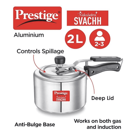 Prestige Svachh, 10732, 2 L, Straight Wall Aluminium Inner Lid Pressure Cooker, with deep lid for Spillage Control, Silver